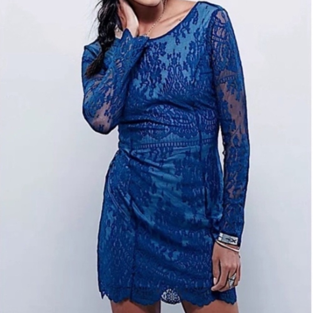 NWT Free People Lace Bodycon Open Back Mini Dress in Blue Size XS